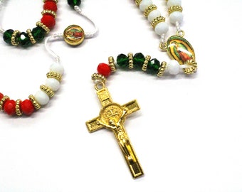 Red White Green St Benedict Rhinestone Medal Medallion Cross Rosary San Benito Crucifix Rosario Jesus Prayer Bead Necklace Protection Favor