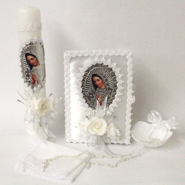 Our Lady Guadalupe 5pc Baptism Candle Set Foil Color Favors Girl Boy White Set de Bautizo Espanol Nina Nino Communion Lace Christening