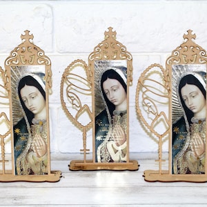 6 piezas de soporte de madera de la Virgen María de Guadalupe recortado con láser para centro de mesa de bautismo, primera comunión, decoración para fiestas infantiles, ángel de bautizo