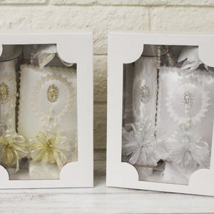 Elegante 5 PC Lady Guadalupe Ouro Prata Batismo Vela Conjunto Favores Menina Menino Conjunto Branco de Bautizo Espanol Nina Nino Comunhão Renda Batizado