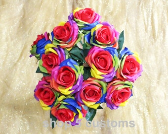 12 Stem Artificial Silk Rainbow Rose Flower Bush Bouquet For DIY any Arrangement Home Decor Wedding Party Celebration