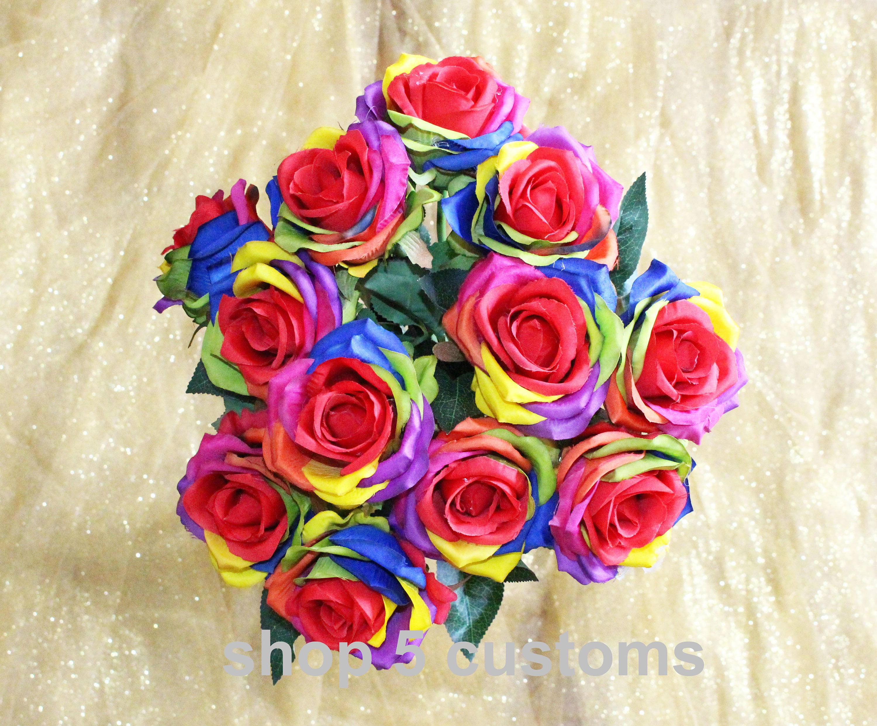 18 Stem Artificial Silk Rainbow Rose Flower Bush Bouquet For Etsy