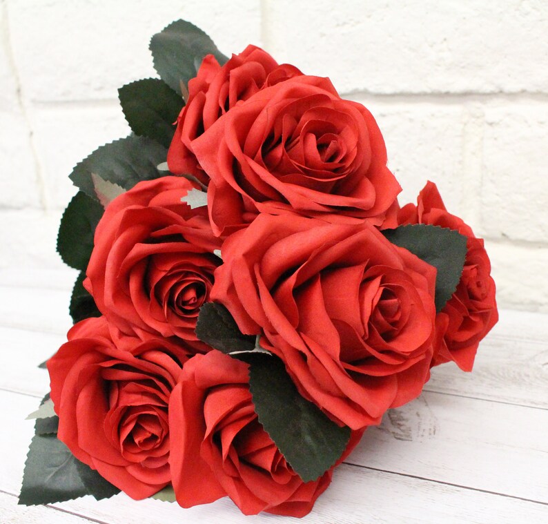 Ruby Red Rose 9 Head Bouquet Artificial Silk Flower Bush for - Etsy