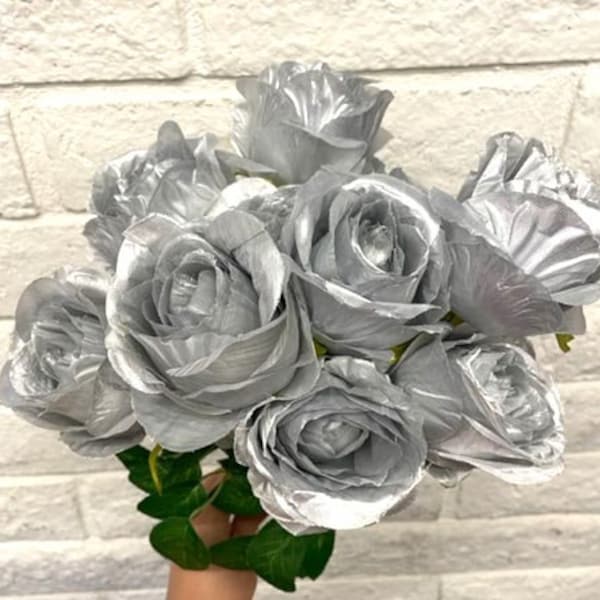 Silver Foil Shiny Bulb 11 Head Style Silk Rose Open Bush Artificial Bouquet Bundle Flower Wedding Home Office Bridal Design DIY Floral