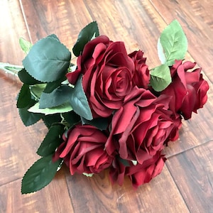 Burgundy Dark Red Rose 9 Head Bouquet Artificial Silk Flower Bush For DIY Arrangement Home Decor Wedding Party Celebration Office