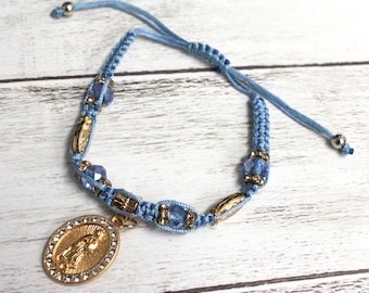 Blue Guadalupe Virgin Mary Bling Bracelet Adjustable Pulsera Rhinestone Bling Beaded Lucky Charm