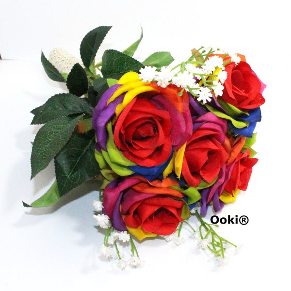 Custom Toss Bouquet Artificial Silk Rainbow Rose Flower (5 flower heads) Home Wedding Decor DIY Bush Centerpiece Bridesmaid