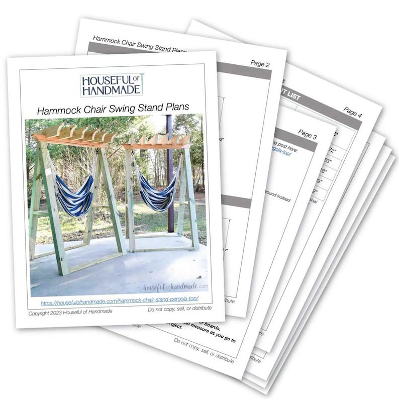 May include: A set of plans for building a hammock chair swing stand. The plans are printed on white paper with a blue and white striped hammock chair swing stand in the background. The plans include a cut list, a materials list, and instructions for building the stand. The plans are titled "Houseful of Handmade Hammock Chair Swing Stand Plans".
