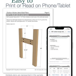 May include: A digital illustration of a wooden frame for an outdoor kitchen island. The frame is 16 inches wide, 28 inches tall, and 8 inches deep. The illustration includes instructions for building the frame, including the use of pocket holes and screws. The text on the page reads "Easy to Print or Read on Phone/Tablet" and "Outdoor Kitchen Island Build Plans".