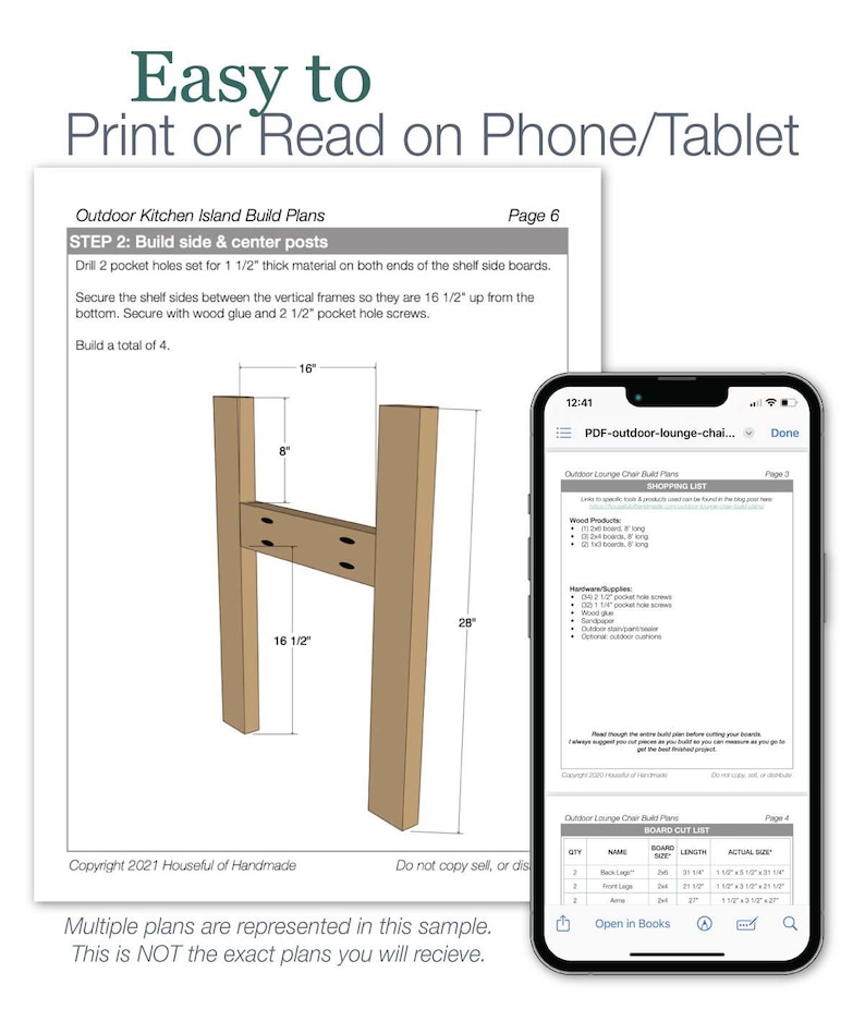 May include: A digital illustration of a wooden frame for an outdoor kitchen island. The frame is 16 inches wide, 28 inches tall, and 8 inches deep. The illustration includes instructions for building the frame, including the use of pocket holes and screws. The text on the page reads "Easy to Print or Read on Phone/Tablet" and "Outdoor Kitchen Island Build Plans".