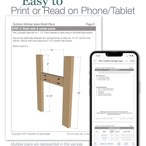 May include: A digital illustration of a wooden frame for an outdoor kitchen island. The frame is 16 inches wide, 28 inches tall, and 8 inches deep. The illustration includes measurements and instructions for building the frame. The text on the page reads "Easy to Print or Read on Phone/Tablet" and "Outdoor Kitchen Island Build Plans".