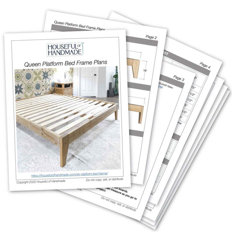 May include: A digital download of plans for building a queen-sized platform bed frame. The plans include detailed diagrams and instructions for constructing the bed frame. The plans are available for purchase online.