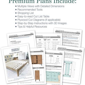 Puede incluir: Un plan de construcci&oacute;n PDF de muestra para un marco de cama de madera. El plan incluye m&uacute;ltiples vistas, una lista de corte, diagramas de madera contrachapada e instrucciones paso a paso. El texto en la p&aacute;gina dice "Houseful of Handmade Sample PDF Build Plan".