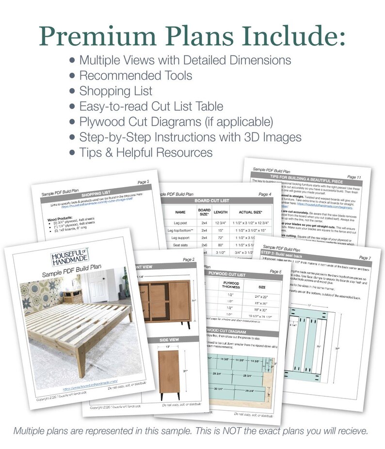 Puede incluir: Un plan de construcci&oacute;n PDF de muestra para un marco de cama de madera. El plan incluye m&uacute;ltiples vistas, una lista de corte, diagramas de madera contrachapada e instrucciones paso a paso. El texto en la p&aacute;gina dice "Houseful of Handmade Sample PDF Build Plan".