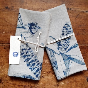 Bird Tea Towel, Blue wren and banksia, linen tea towel, blue, Australian fauna and flora, Australian tea towel, screen printed tea towel