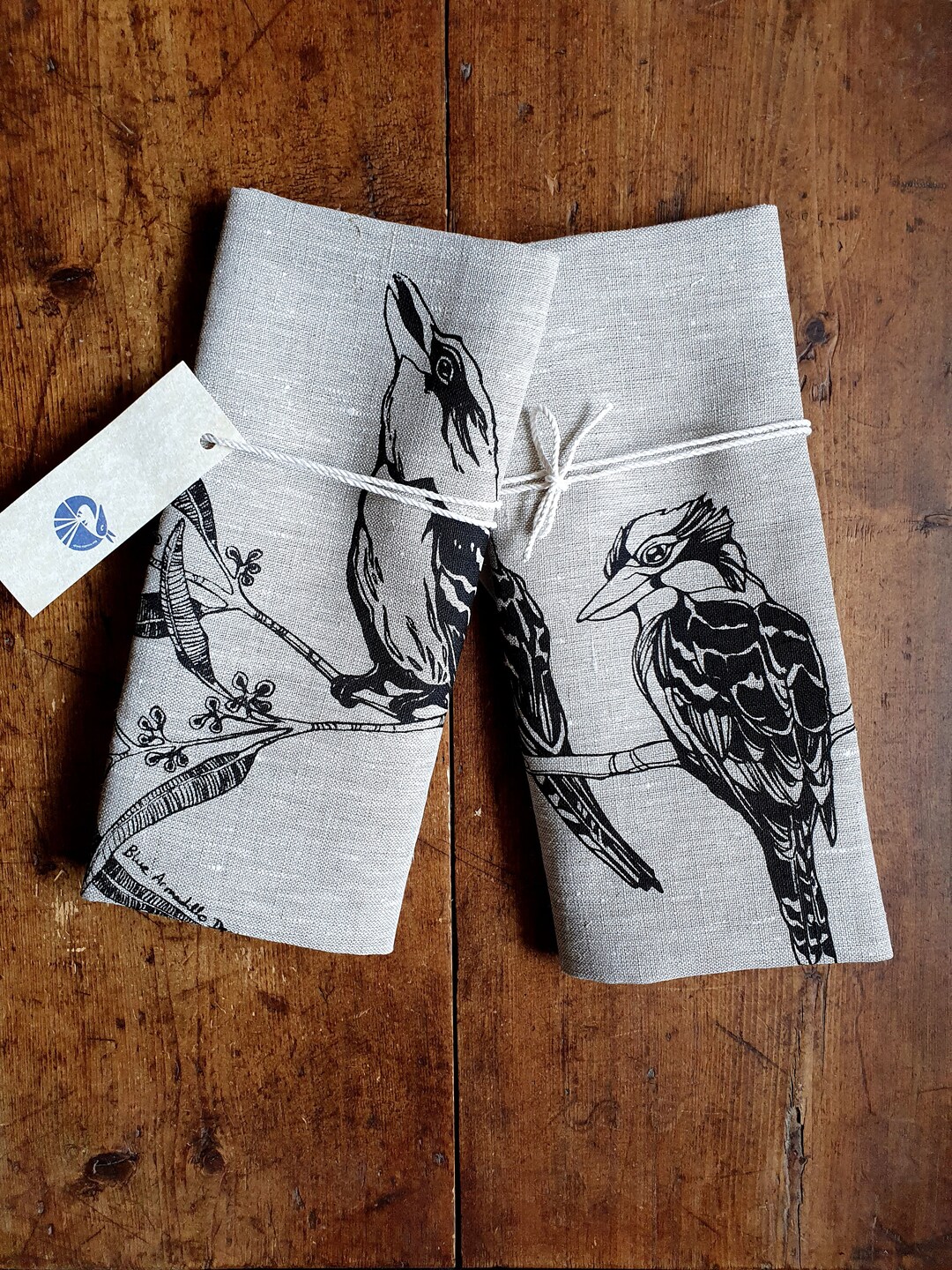 Bird Tea Towel, Kookaburra, Gumtree, Linen Tea Towel, Black Print