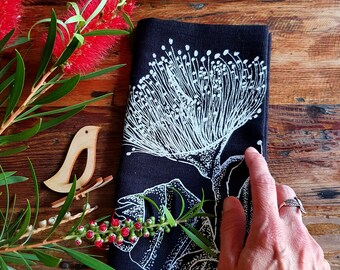 Linen tea towel, black linen, Eucalyptus flower, blossom, native plant, Australian flower, black and white, Australia tea towel, dish towel