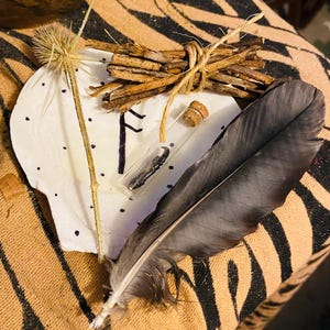 Może przedstawiać: Kolekcja naturalnych elementów, w tym duże szare pióro, wiązka gałązek związanych sznurkiem, mały korek i biała muszla z czarnymi kropkami. Obecna jest również suszona roślina i mała szklana fiolka.