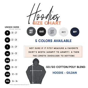 May include: Unisex hoodie size chart with measurements in inches. The chart shows sizes from S to 5XL with corresponding width and length measurements. The chart also shows five color options: dark grey, black, light grey, white, and navy. The text "5 Colors Available" is displayed below the color swatches. The chart also includes a note about measuring a favorite shirt for sizing reference. The text "Not sure if it fits? Measure a favorite shirt's width (armpit to armpit) & then the length (shoulder to bottom)" is displayed below the color swatches. The chart also includes information about the hoodie's material and brand. The text "-50/50 Cotton/Poly Blend- Hoodie - Gildan" is displayed below the sizing chart.