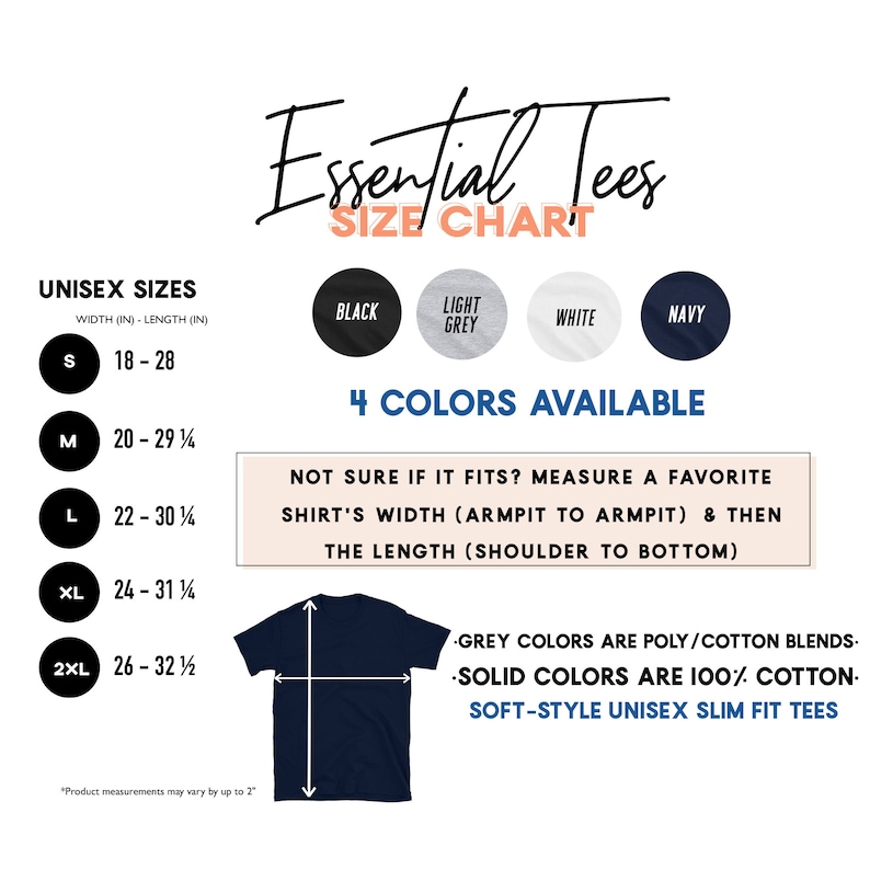 Op de afbeelding: Maattabel voor unisex T-shirts in zwart, lichtgrijs, wit en marine. De tabel toont de breedte en lengte in inches voor de maten S, M, L, XL en 2XL. De tekst geeft aan dat grijze kleuren poly/katoen mengsels zijn en effen kleuren 100% katoen zijn. De T-shirts zijn zachte, slanke unisex T-shirts.