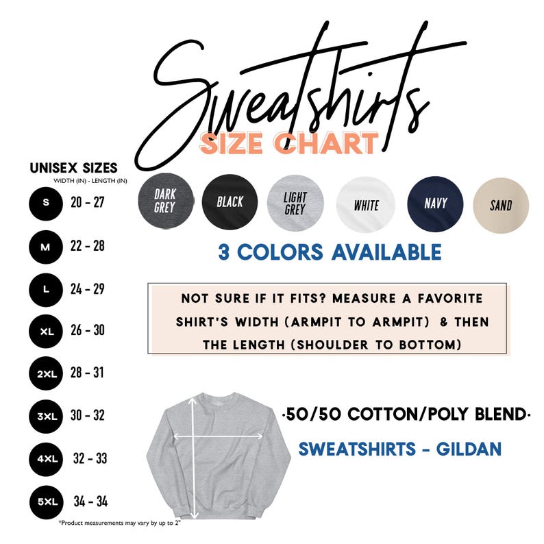 The image is a size chart for Sweatshirts, providing information on the different sizes available and the corresponding measurements.