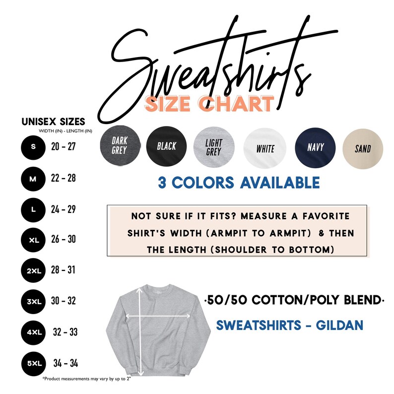 The image is a size chart for Sweatshirts, providing information on the different sizes available and the corresponding measurements.