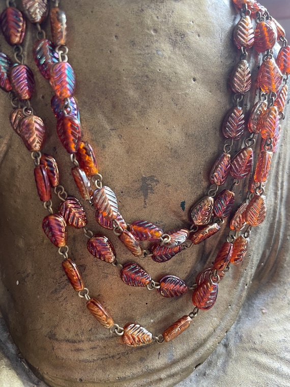 10ft Hand Beaded Chain, Copper Luster Leaves on Raw Brass Chain.