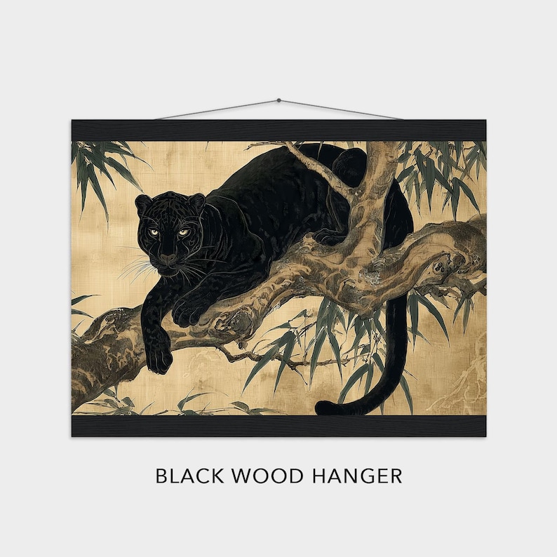May include: A black wood hanger displaying a print of a black panther resting on a tree branch. The panther is depicted in a detailed, artistic style with a golden background and bamboo leaves. The text "BLACK WOOD HANGER" is at the bottom.
