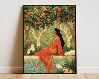 Persian Garden Botanical Wall Art Elegant Middle Eastern Poster Iranian Woman with Cats Print Romantic Orange Green Boho Art