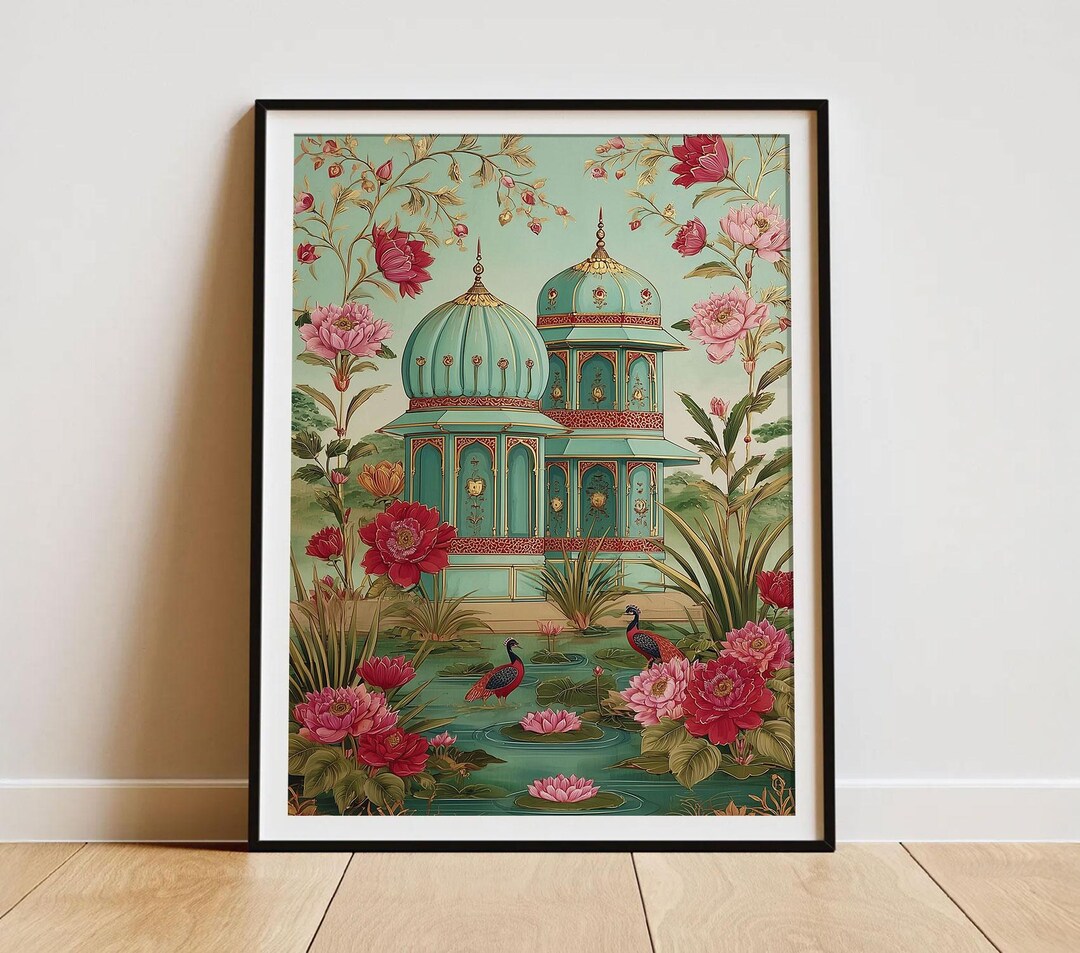 Elegant Indian Palace Garden Pichwai Wall Art Vintage Mughal Teal ...