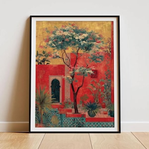 Arte de pared bohemio con jardín marroquí, plantas de Marrakech, árboles, póster botánico dorado, elegante estampado bohemio marroquí rojo, arte arquitectónico de Riad