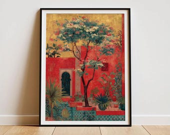 Morocco Garden Bohemian Wall Art Marrakech Plants Trees Gold Botanical Poster Elegant Red Moroccan Boho Print Riad Architecture Art