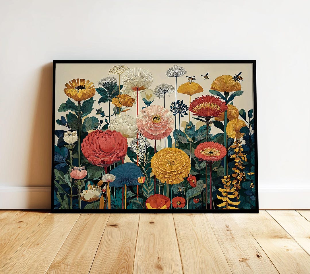 Vintage Colorful Botanical Floral Wall Art Retro Wildflower Meadow ...