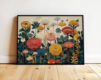 Vintage Colorful Botanical Floral Wall Art Retro Wildflower Meadow Romantic Illustration Poster Modern Vibrant Garden Horizontal Print