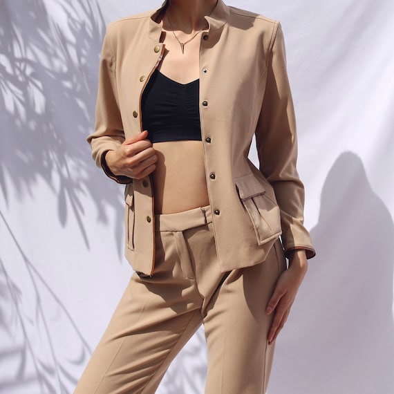 Vintage 90s Tan Minimalist Pant Suit 2 Piece Set