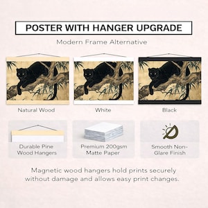 May include: A poster with a black panther illustration on a branch, available with natural wood, white, or black magnetic wood hangers. The poster is printed on premium 200gsm matte paper with a smooth, non-glare finish. The text reads "Poster with Hanger Upgrade".
