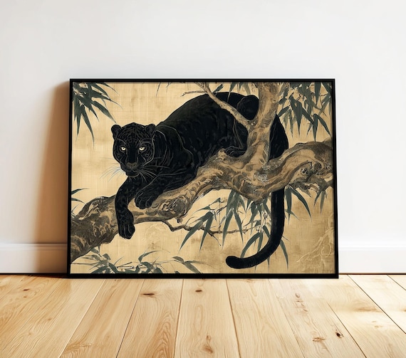 Black Panther Safari Wall Art Vintage Japanese Poster Masculine Wall Art Elegant Jungle Cat Print  Moody Asian Modern Japandi Horizontal Art