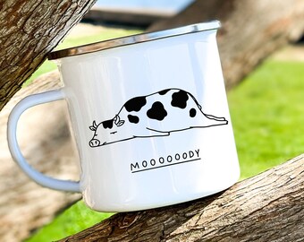 Moooooody Cow, Funny Mugs, Camping Mug, Coffee Mug Custom, White Enamel Mug, Birthday Gift, Christmas Cup Gift, Cute Mug, Gift For Men, Mugs