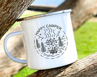 Happy Camper Enamel Mug: Personalized Camping Coffee Mug