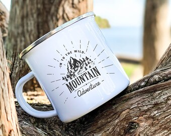 Personalized Enamel Campfire Mug: Into The Wild Mountain Adventure