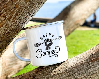 Happy Camper Enamel Mug: Personalized Campfire Coffee Mug