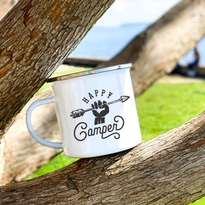 Happy Camper Enamel Mug: Personalized Campfire Coffee Mug
