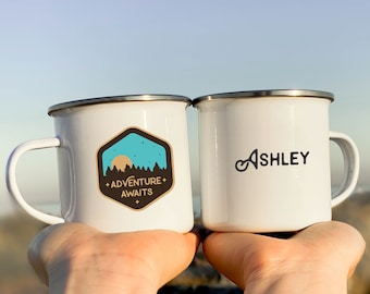 Personalized Enamel Camping Mug, Adventure Awaits, Custom Travel Mug
