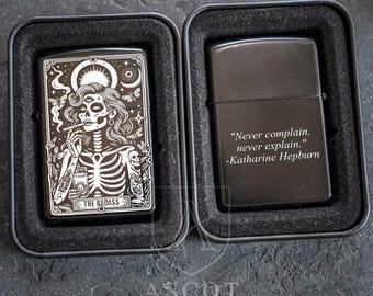 The Badass Skeleton Lighter, Gothic Engraved Lighter, Bold Statement Gift, Alternative Art Lighter, Personalized Gift, Black Matte Lighter