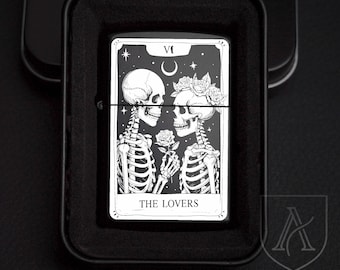 Gothic Skeleton Couple Lighter – Halloween Wedding Gift, Skull Lovers Engraved Lighter, Dark Aesthetic Gift for Him, Gothic Couple Art Lover