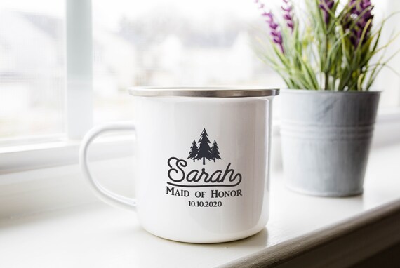 Personalized Bridesmaid Camping Mug: Custom Wedding Favor, 12oz Enamel Mug