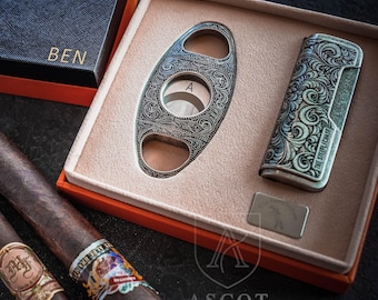Personalized Cigar Cutter and Torch Lighter Set, Christmas Gift for Cigar Lover, Custom Guillotine Cutter Gift Box for Him Unique Mens Gift