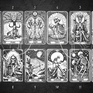 May include: A set of twelve black and white tarot-style cards featuring skeletal figures representing the zodiac signs Aries, Taurus, Gemini, Cancer, Leo, Virgo, Libra, Scorpio, Sagittarius, Capricorn, Aquarius, and Pisces, each with numbered labels.