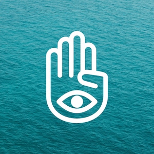 May include: A white outline of a hand with an eye in the palm, against a blue background.