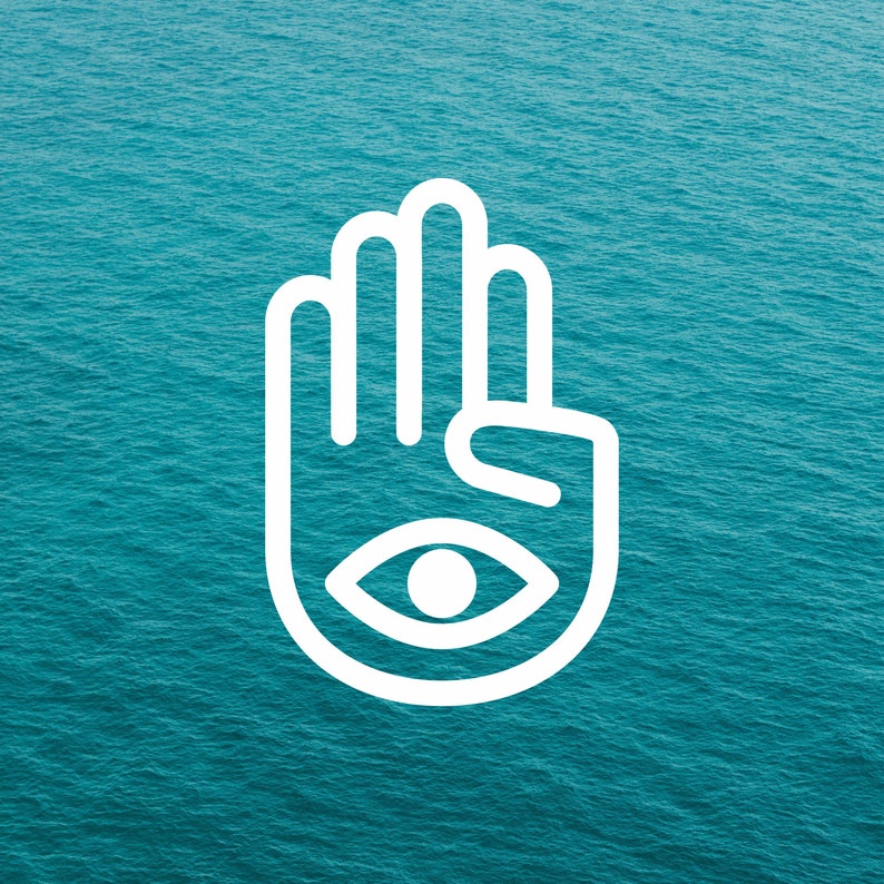 May include: A white outline of a hand with an eye in the palm, against a blue background.